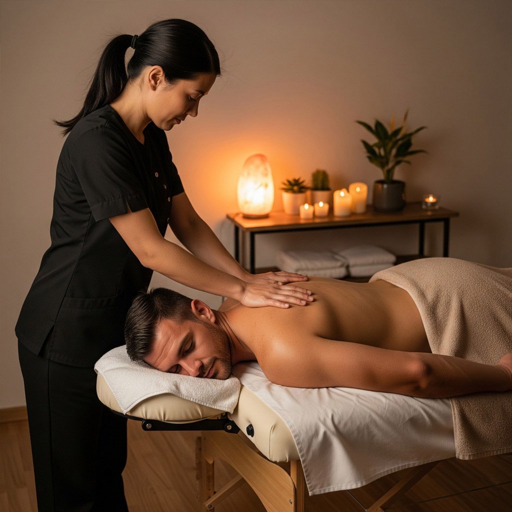 woman giving deep tissue massage to a man in step above massage spa