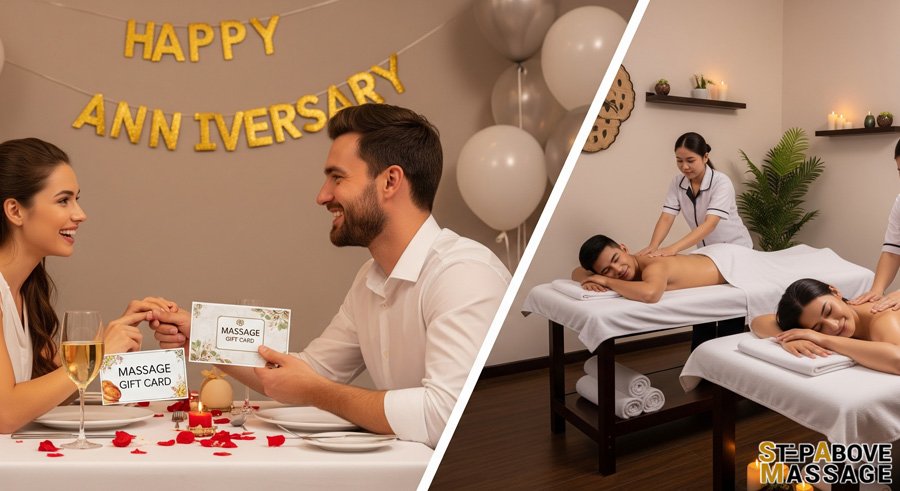 a man is giving her wife a massage gift card
